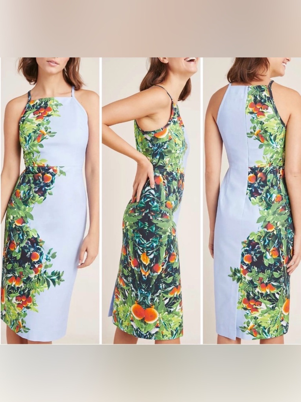 Anthropologie Maeve Orange Bough Citrus Print Sheath Midi Dress Blue Size 0